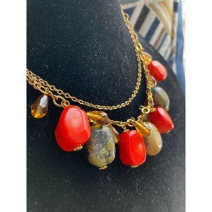 Gold Tone Double Strand Coral, Jade, & Crystal Choker Necklace